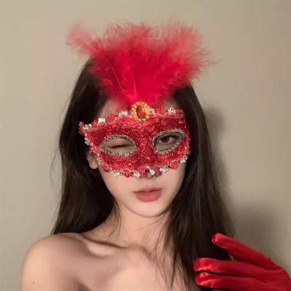 Elegant Lace Masquerade Mask with Feather Accent