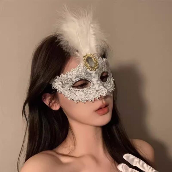 Elegant Lace Masquerade Mask with Feather Accent