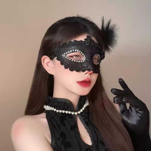 Elegant Black Lace Masquerade Mask with Feather Accent