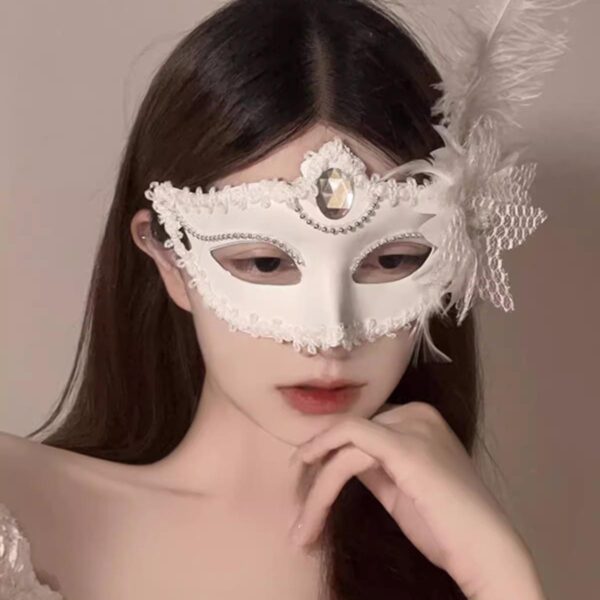 Elegant Lace Masquerade Mask with Feather Accent